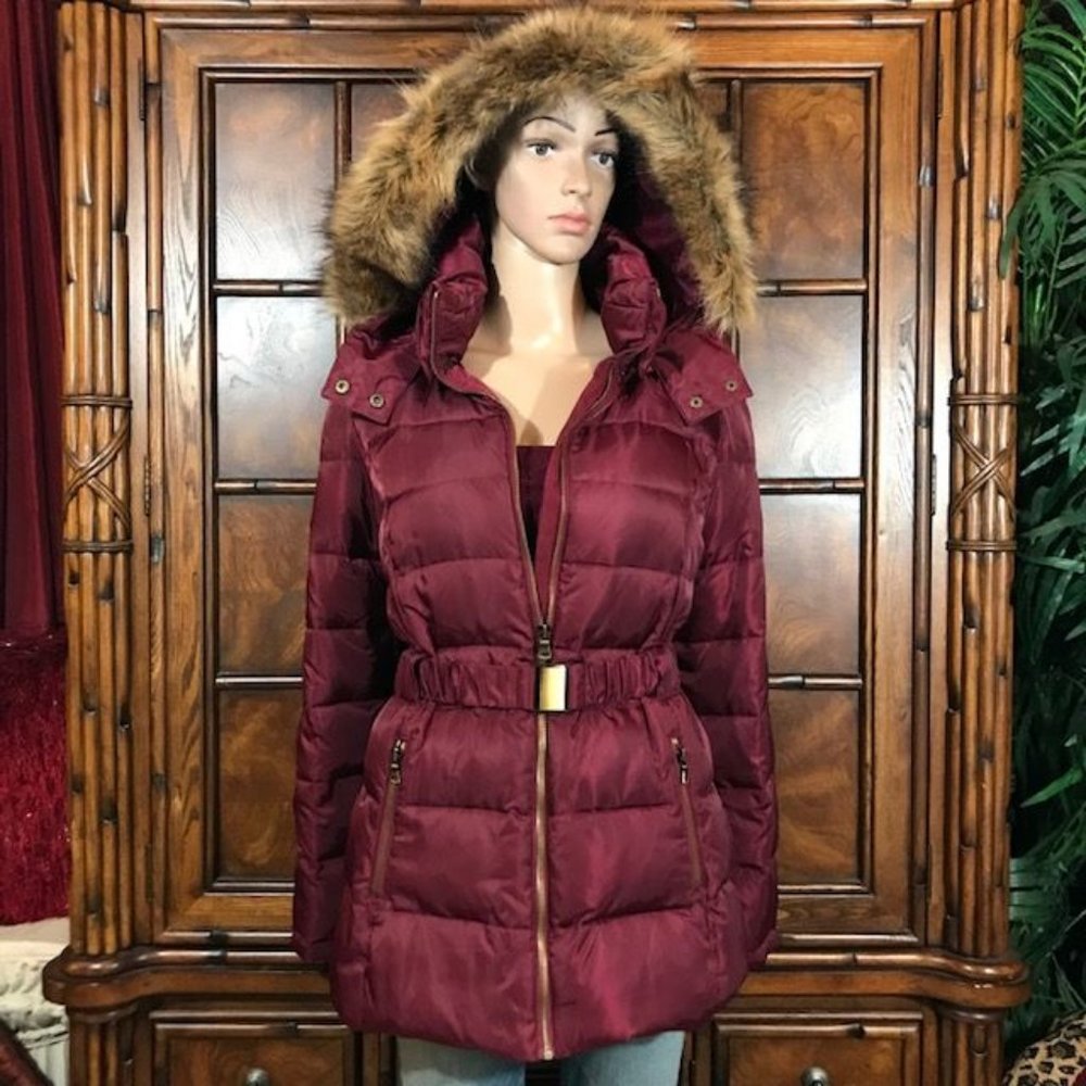 Jones New York Burgundy Genuine Waterfowl Feather Down Belted Puffer Coat